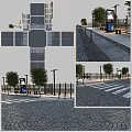 Urban Road Facilities With Pavement Street Lamps Benches Trash Bins Trees Fences And Zebra Crossings