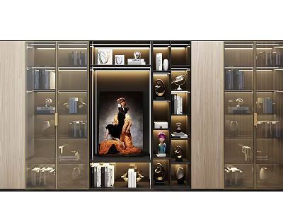 Modern Glass Door Bookcase With Wooden Frame And Interior Lighting For Books Decorative Items 3d model