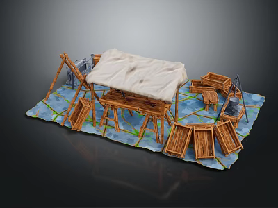 Bamboo Structure Model With White Canopy Wooden Tables Chairs And Blue Base 3d model