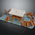 Bamboo Structure Model With White Canopy Wooden Tables Chairs And Blue Base
