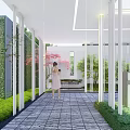 Modern Sales Office Building Exterior With Glass Curtain Wall Water Feature Steps Lighting And Greenery 3d model