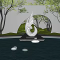 Spiral Shaped Landscape Sculpture in Water Pool with Trees Archway and Reflection