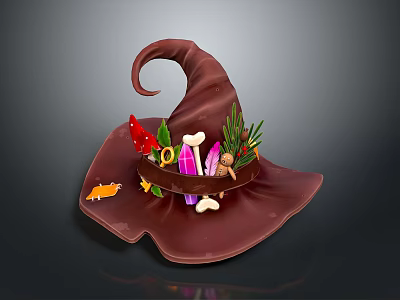 Wizard's Magical Hat Adorned With Small Creatures Cat Mushroom Herbs Feather And Bone 3d model