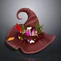 Wizard's Magical Hat Adorned With Small Creatures Cat Mushroom Herbs Feather And Bone