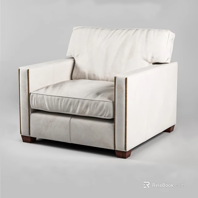 Elegant White Leather Single Sofa with Modern Armrests and Wooden Legs 3d model
