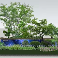 Lush Garden Bushes with Green Trees Colorful Flowers and Blue Decorative Container