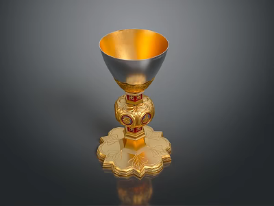 Intricate Gold And Silver Chalice Sculpture Carving With Lotus Base And Red Decorations 3d model