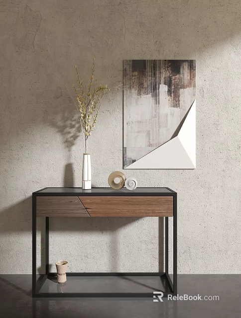 Stylish Console Table With Wooden Top Black Metal Legs Vase Artwork And Geometric Mirror 3d model 