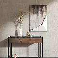 Stylish Console Table With Wooden Top Black Metal Legs Vase Artwork And Geometric Mirror