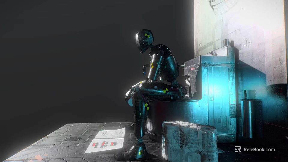 Metallic Toilet With Robot Seated On And Blue Lighting In Dark Room 3d model 