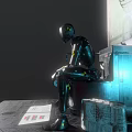 Metallic Toilet With Robot Seated On And Blue Lighting In Dark Room