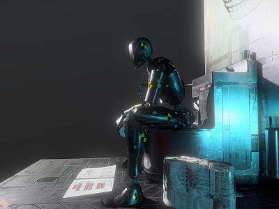 Metallic Toilet With Robot Seated On And Blue Lighting In Dark Room 3d model
