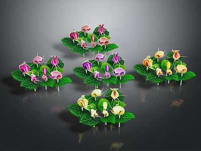 Colorful Decorative Plants With Pink Purple Yellow White Flowers And Green Leaves 3d model