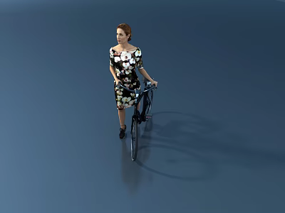 A Woman in Black Dress With White Floral Pattern Pushing Bicycle on Blue Background 3d model