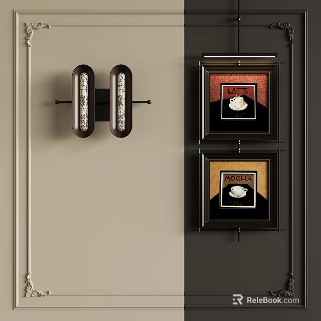 Modern Wall Decor With Caffe Roasta Framed Prints And Double Light Sconce 3d model