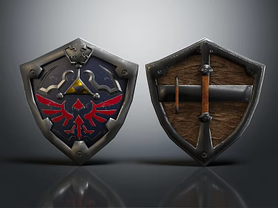 Medieval Weapon Shields With Red Eagle Emblem Golden Triangle Wooden Handle And Leather Texture 3d model