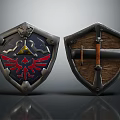 Medieval Weapon Shields With Red Eagle Emblem Golden Triangle Wooden Handle And Leather Texture