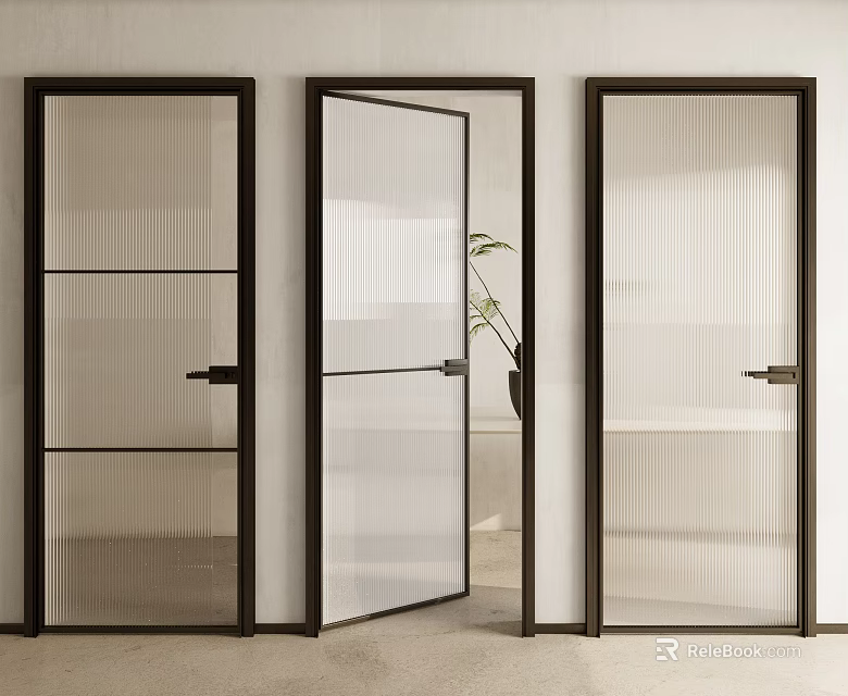 Modern Glass Doors With Dark Frames And Open Interior View With Plant 3d model