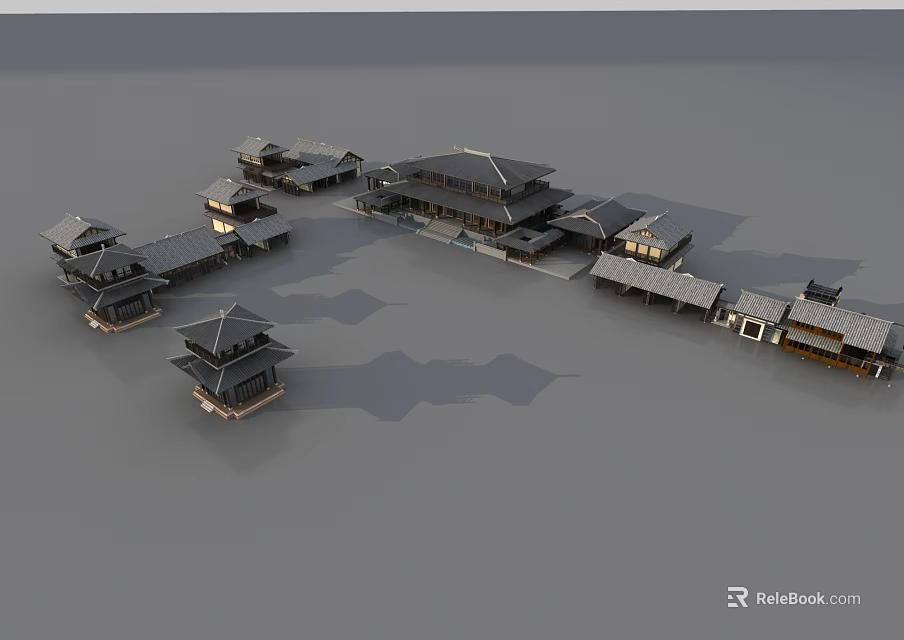 Traditional Chinese Ancient Architecture Featuring Courtyard Layout And Curved Roof Design 3d model 