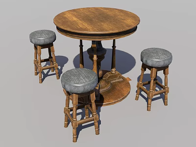 Three Wooden Leisure Chairs With Gray Padded Seats And Round Wooden Table 3d model