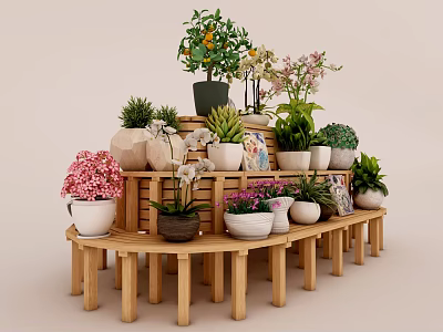 Bonsai Potted Plants Display on Wooden Multi Tiered Stand with Various Greenery and Colorful Flowers 3d model