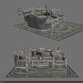Elegant Classic Sofa And Coffee Table Set With Decorative Pillows Table Lamps And Patterned Rug 3d model