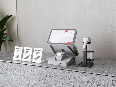 Commercial Equipment Including Cash Register Handheld Scanner Receipts And Green Plant At Checkout Counter 3d model