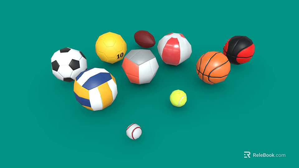 Various Colorful Sports Balls Equipment Including Football Basketball Volleyball And Rugby On Green Background 3d model 