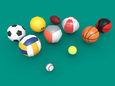 Various Colorful Sports Balls Equipment Including Football Basketball Volleyball And Rugby On Green Background 3d model
