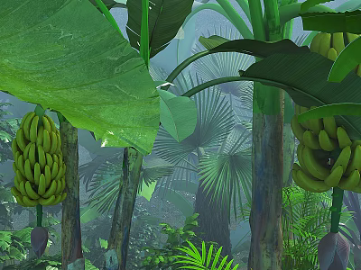 Tropical Trees in Lush Rainforest With Banana Bunches and Sunlit Green Leaves 3d model