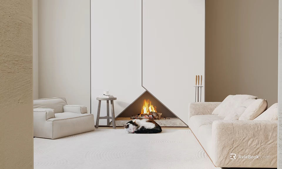 Minimalist Modern White Sofa Set With Cozy Fireplace And Plush Area Rug 3d model 