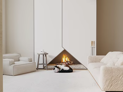 Minimalist Modern White Sofa Set With Cozy Fireplace And Plush Area Rug 3d model
