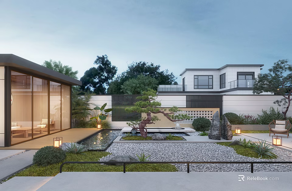 Serene Courtyard Garden with Gravel Path Rockery Small Pond Pine Tree and Green Plants 3d model 