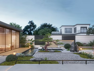 Serene Courtyard Garden with Gravel Path Rockery Small Pond Pine Tree and Green Plants 3d model