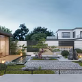 Serene Courtyard Garden with Gravel Path Rockery Small Pond Pine Tree and Green Plants