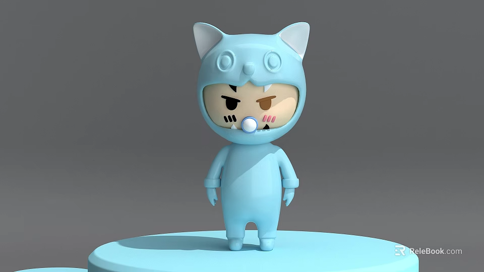 Light Blue Cat Ear Cartoon Doll In Cat Costume Standing On Round Platform With Pacifier 3d model 