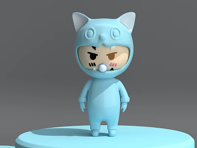 Light Blue Cat Ear Cartoon Doll In Cat Costume Standing On Round Platform With Pacifier 3d model