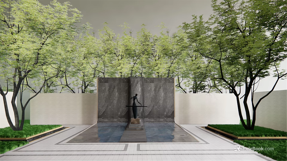 Stone Feature Wall With Front Sculpture And Reflective Water Pool Surrounded By Green Trees 3d model
