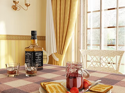 Breakfast Table Setting With Toasted Bread Homemade Jam And Fresh Strawberries 3d model