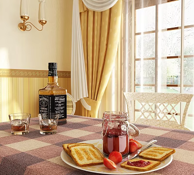 Breakfast Table Setting With Toasted Bread Homemade Jam And Fresh Strawberries 3d model Breakfast Table Setting With Toasted Bread Homemade Jam And Fresh Strawberries 3d model