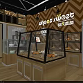 Sweet Dessert Shop With Glass Display Cases Wooden Counters Chevron Wall Pendant Lights And Pastries
