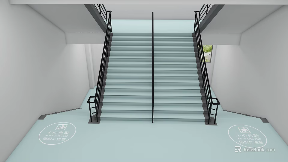Modern Indoor Staircase Interior With Black Handrail And Light Colored Steps 3d model