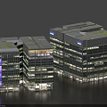 Modern Office Building Exterior With Glass Curtain Walls Night Lighting And Green Roof