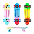 Skateboard Sports Equipment With Colorful Rainbow Gradient Design Blue Pink Wheels And Textured Deck