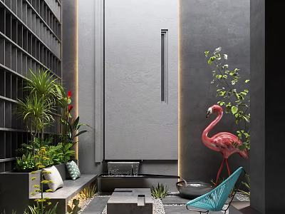 Modern Garden Landscape With Green Plants Flamingo Decoration Blue Chair And Water Feature 3d model