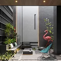 Modern Garden Landscape With Green Plants Flamingo Decoration Blue Chair And Water Feature