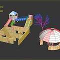 Colorful Kids Playground Equipment With Yellow Maze Blue Roof Slide And Pink Transparent Dome