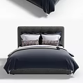 Modern Double Bed With Gray Headboard Navy White And Patterned Pillows Navy Quilt 3d model
