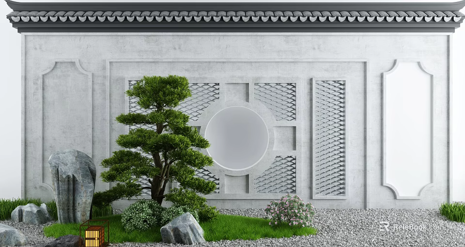 Chinese Style Scenic Wall Featuring Gray Circular Hollow Design Tile Decoration Green Plants And Stones 3d model 