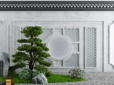 Chinese Style Scenic Wall Featuring Gray Circular Hollow Design Tile Decoration Green Plants And Stones 3d model